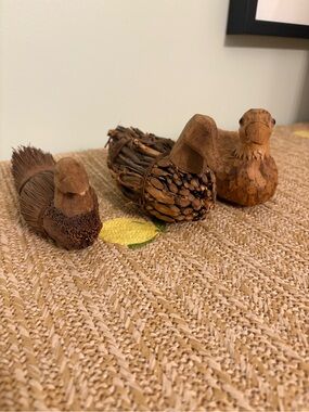 Vintage Folk Art Wood Duck Decoy Trio Primitive Twig Straw Hand Carved Waterfowl